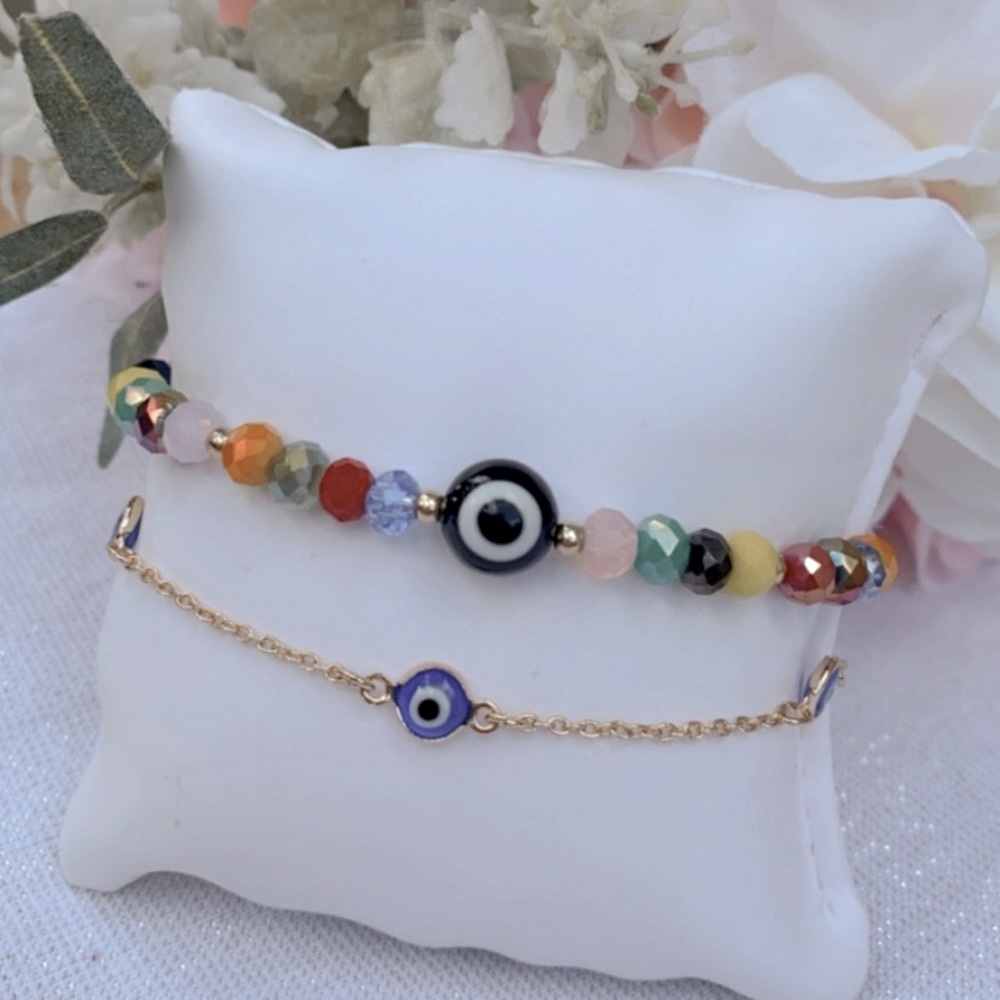 Set of 2 Crystal Beaded Turkey Evil Eye Bracelets for Women Bracelet Handmade